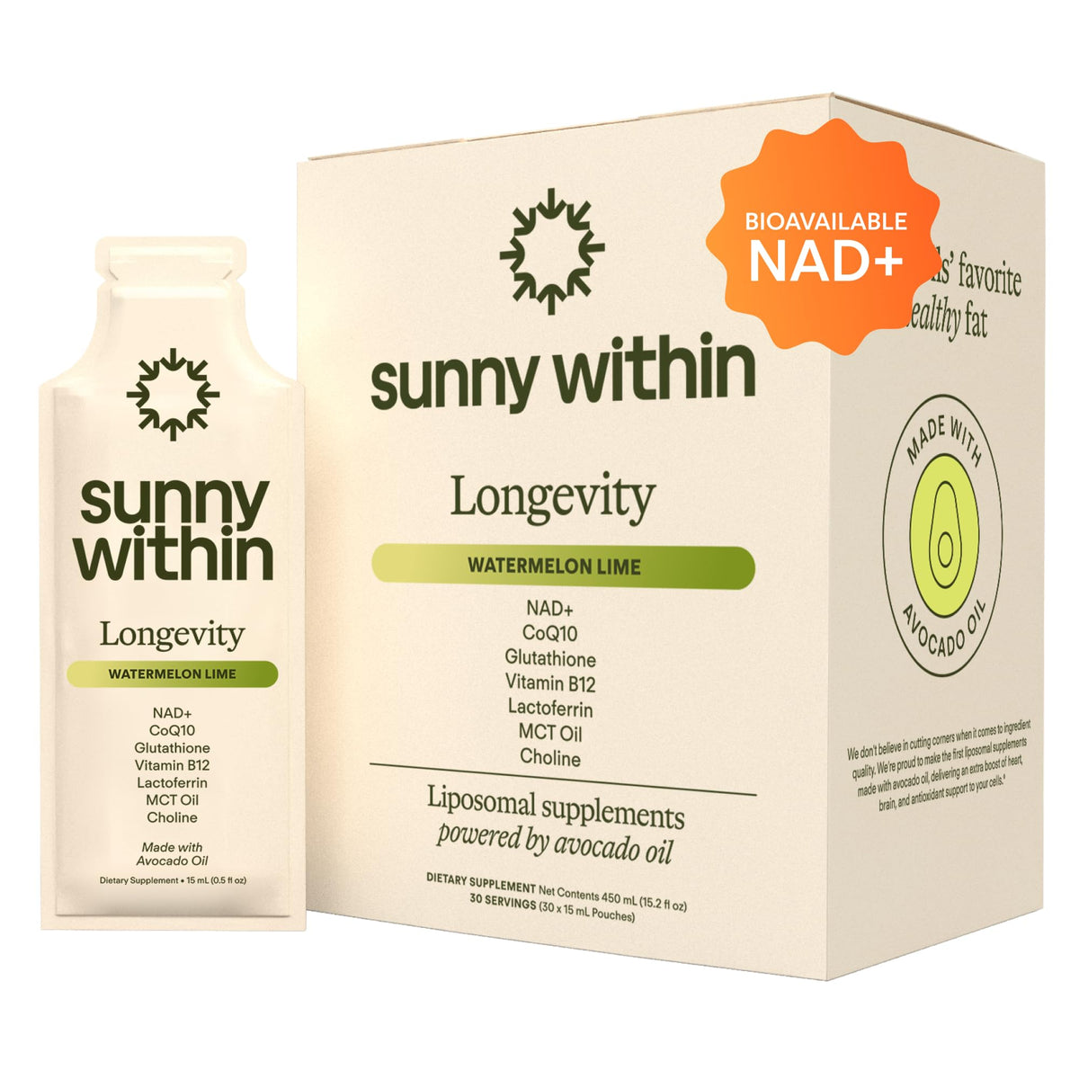 Sunny Within Longevity pouch open for on-the-go energy support.