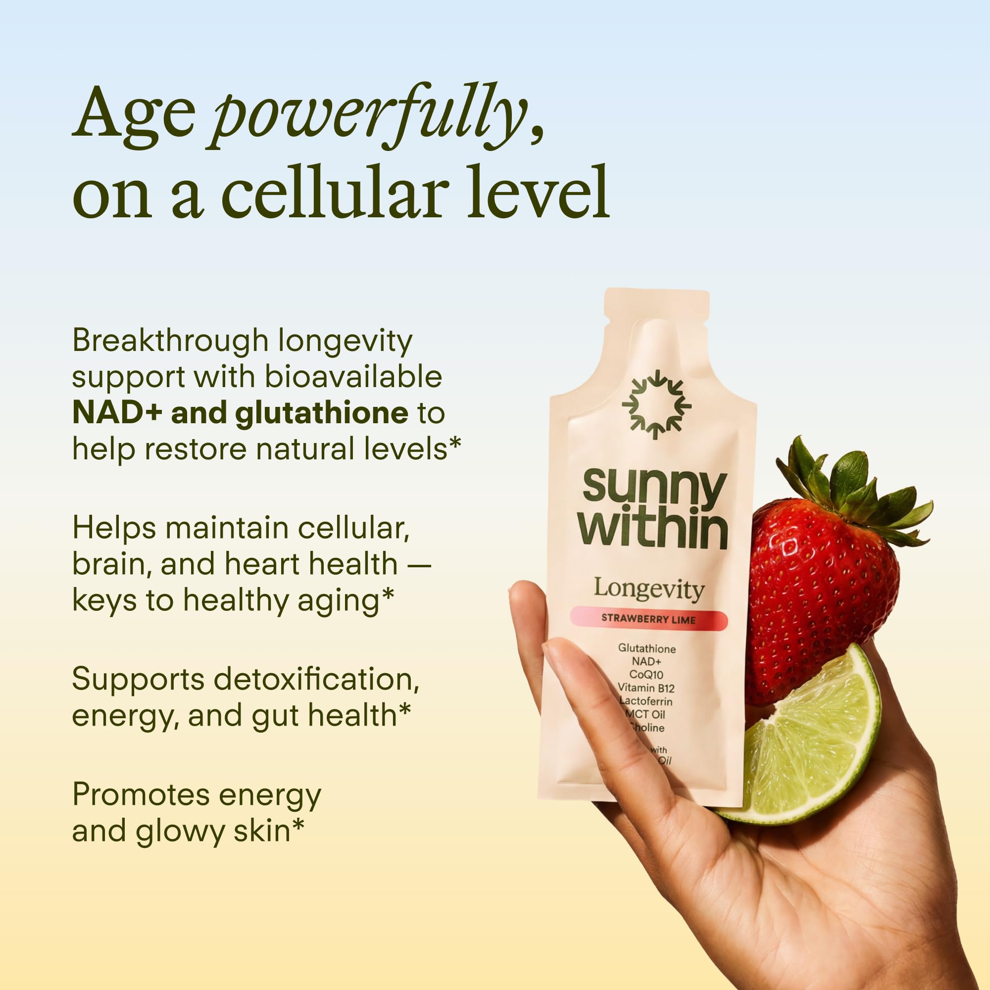 Sunny Within Longevity pouch open highlights mess-free, travel-ready supplementation.