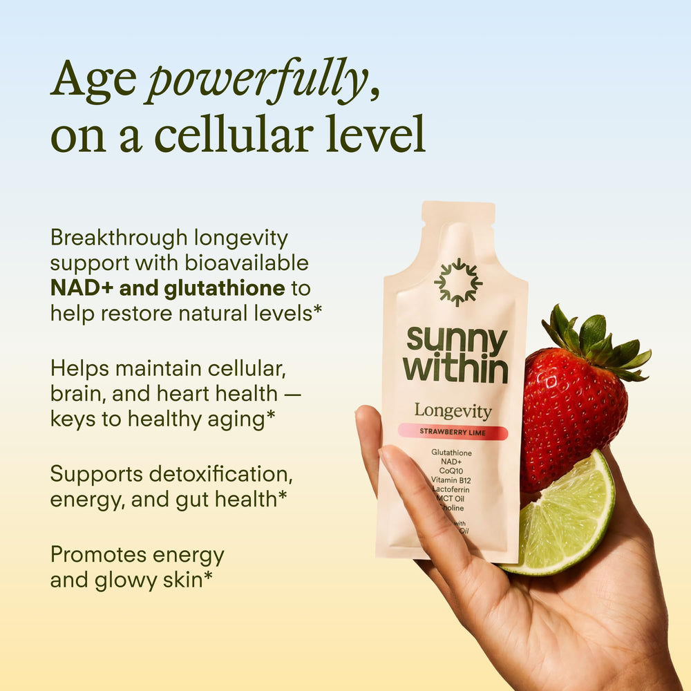 Sunny Within Longevity pouch open highlights mess-free, travel-ready supplementation.