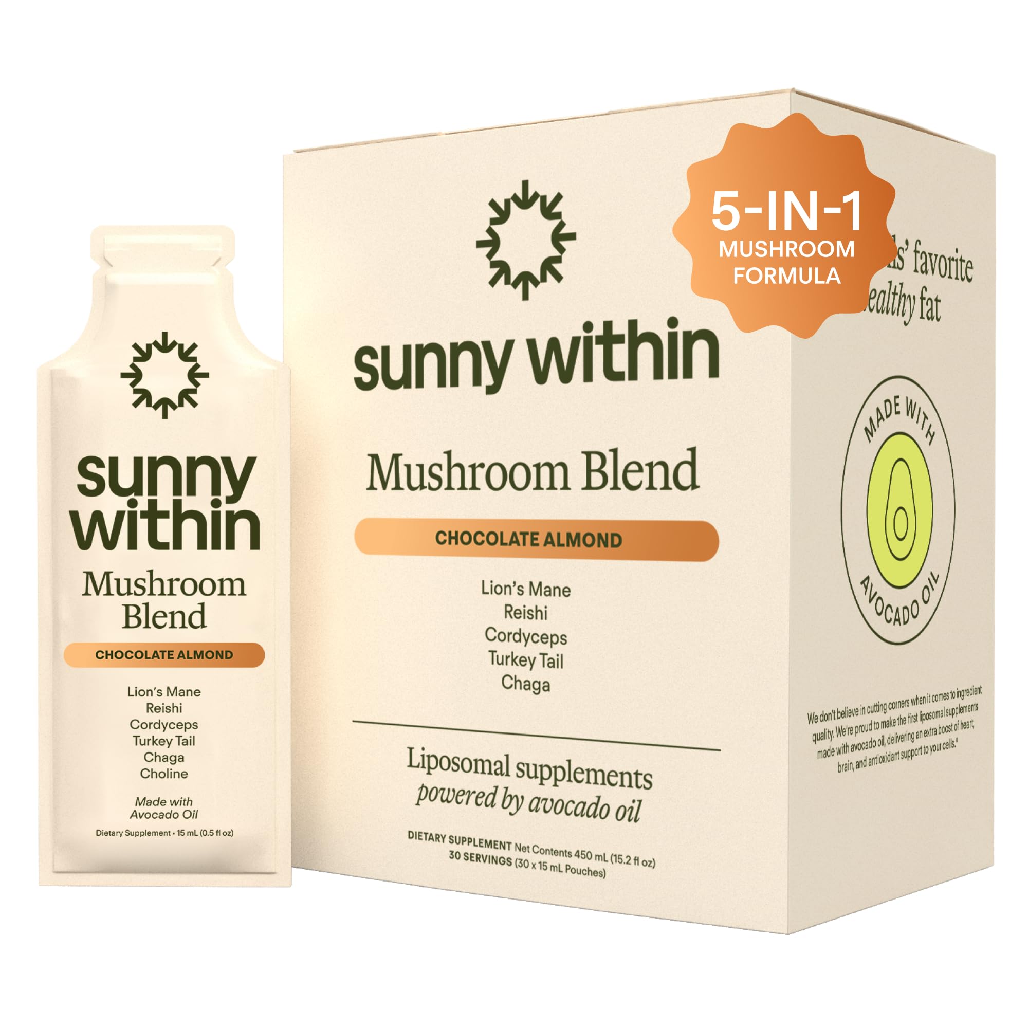 Sunny Within mushroom blend bottle pour showing convenient daily energy and focus support.