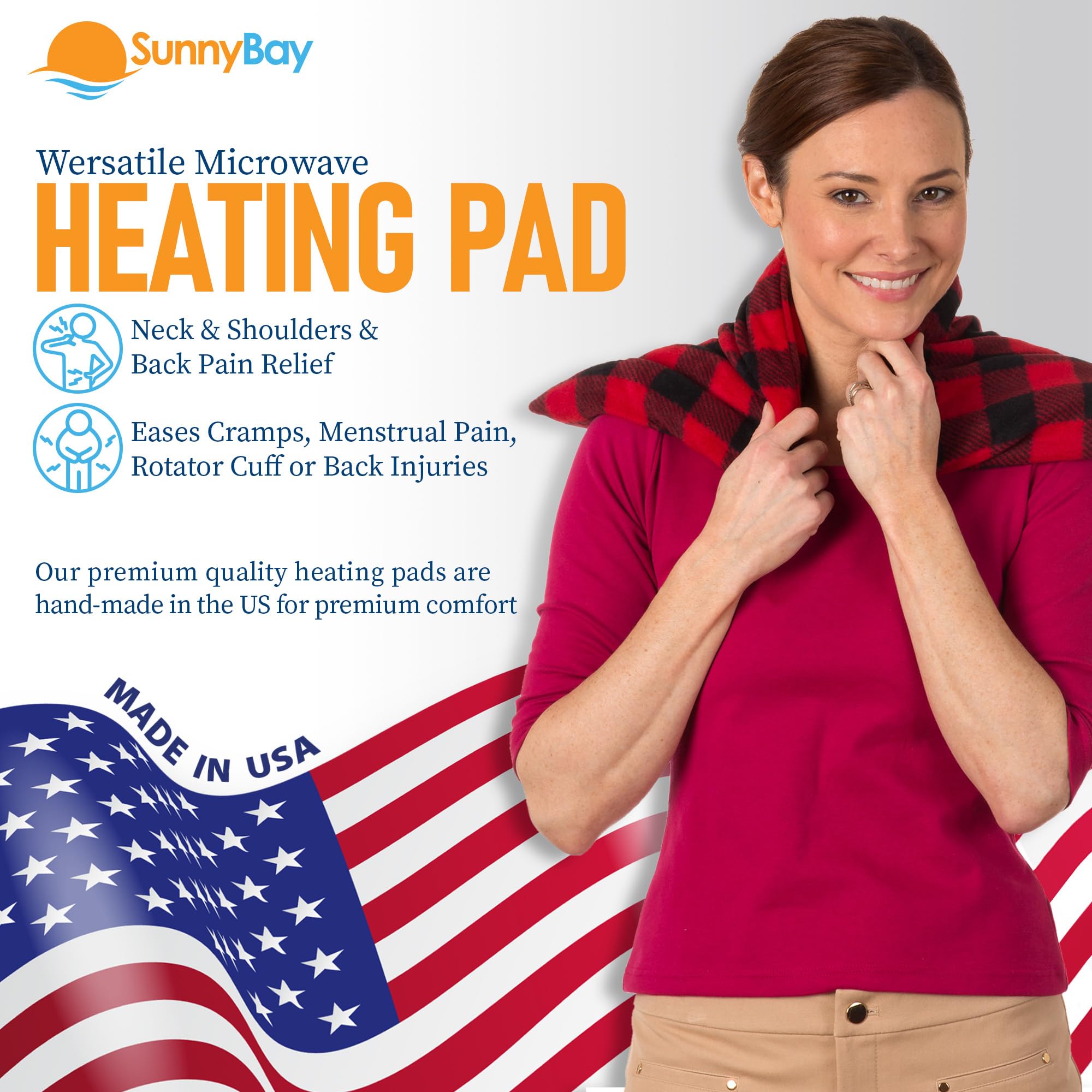 SunnyBay beanbag-conforming heat pad demonstrates full-coverage comfort on the back.