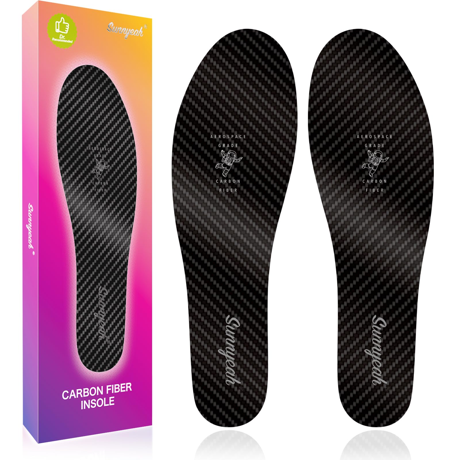 Sunnyeah carbon fiber insole front view shows slim, rigid profile for foot recovery.