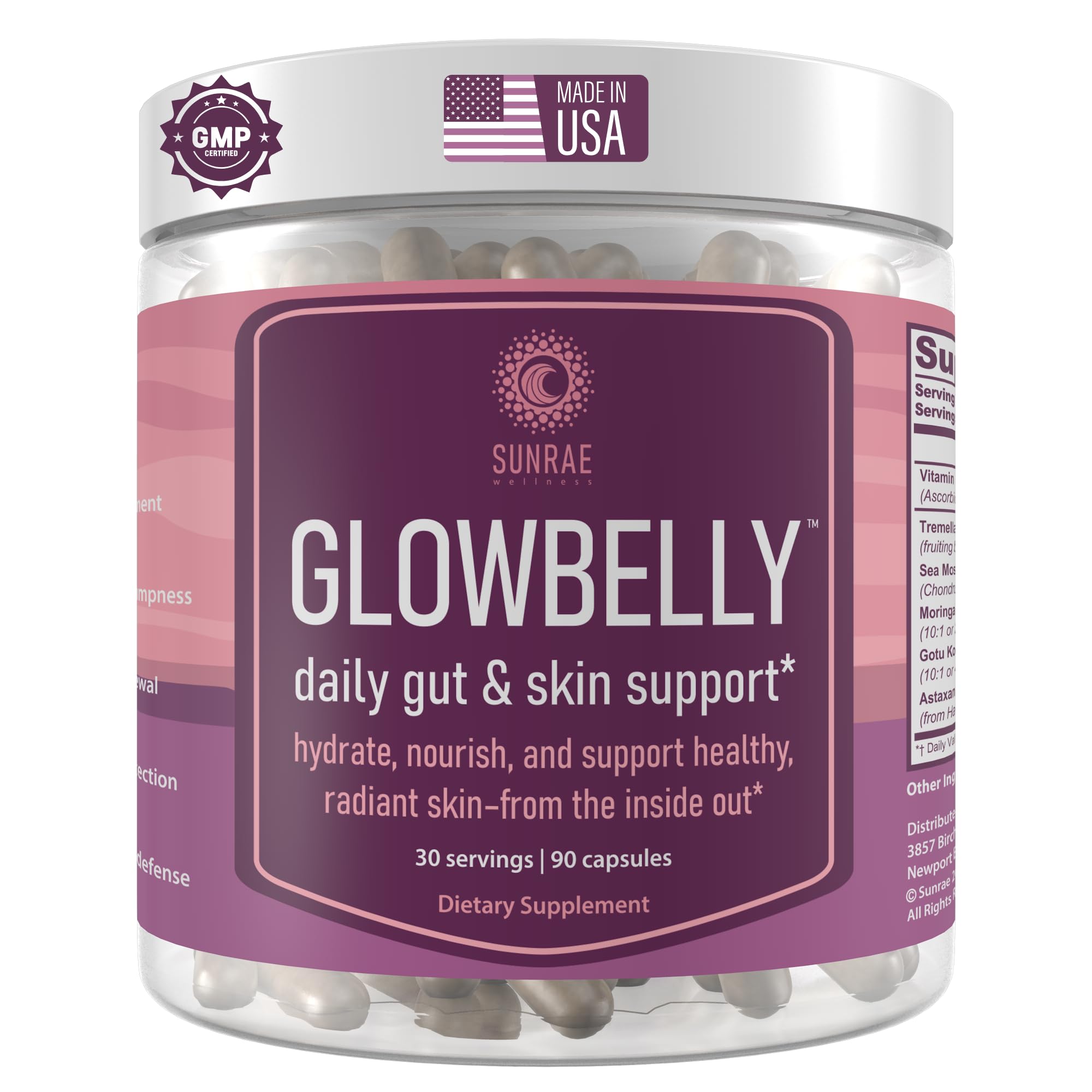 Sunrae Wellness glowing skin supplement bottle highlighting hydration and radiance benefits