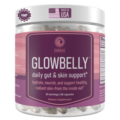 Sunrae Wellness glowing skin supplement bottle highlighting hydration and radiance benefits