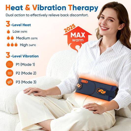 Sunruf back massager heat vibration close-up demonstrates dual relief modes.