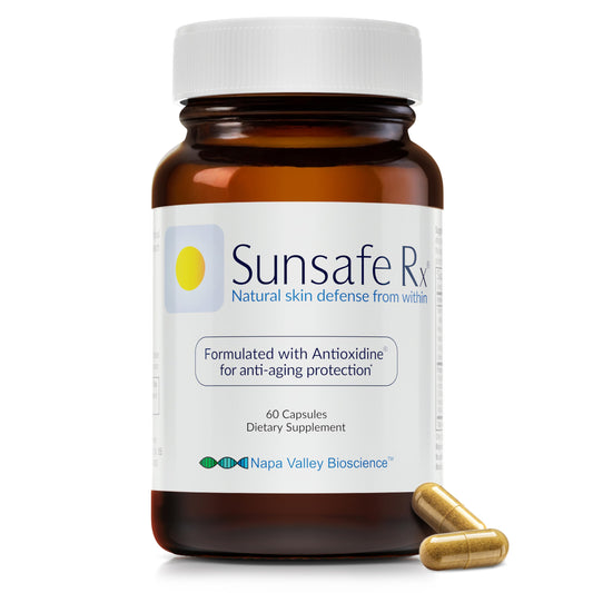 Sunsafe Rx anti-aging pill bottle front view highlighting skin protection