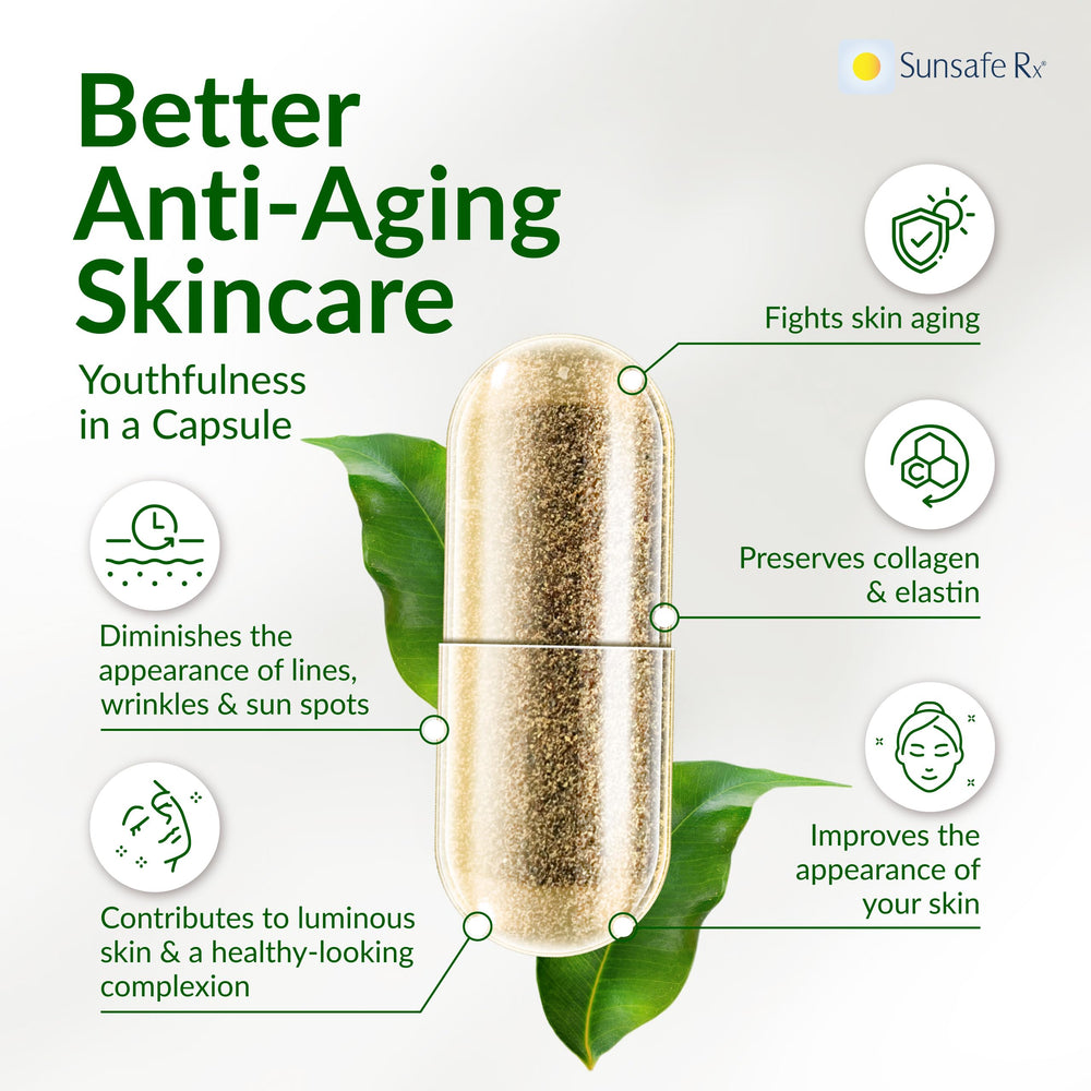 Sunsafe Rx bottle label close-up showing antioxidants for skin and eyes