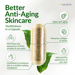 Sunsafe Rx capsules close-up highlighting antioxidant blend and Polypodium leucotomos.