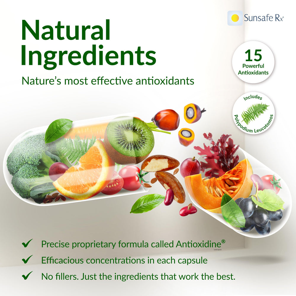 Sunsafe Rx label highlights natural antioxidant blend for healthy aging support.