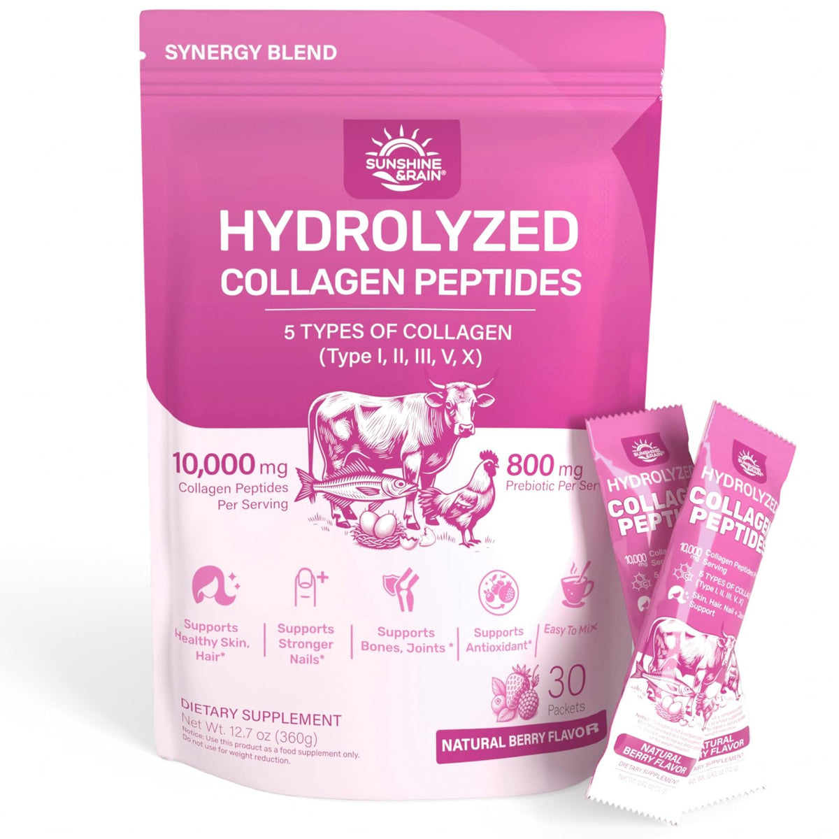 Sunshine & Rain multi-collagen sticks in package for on-the-go wellness