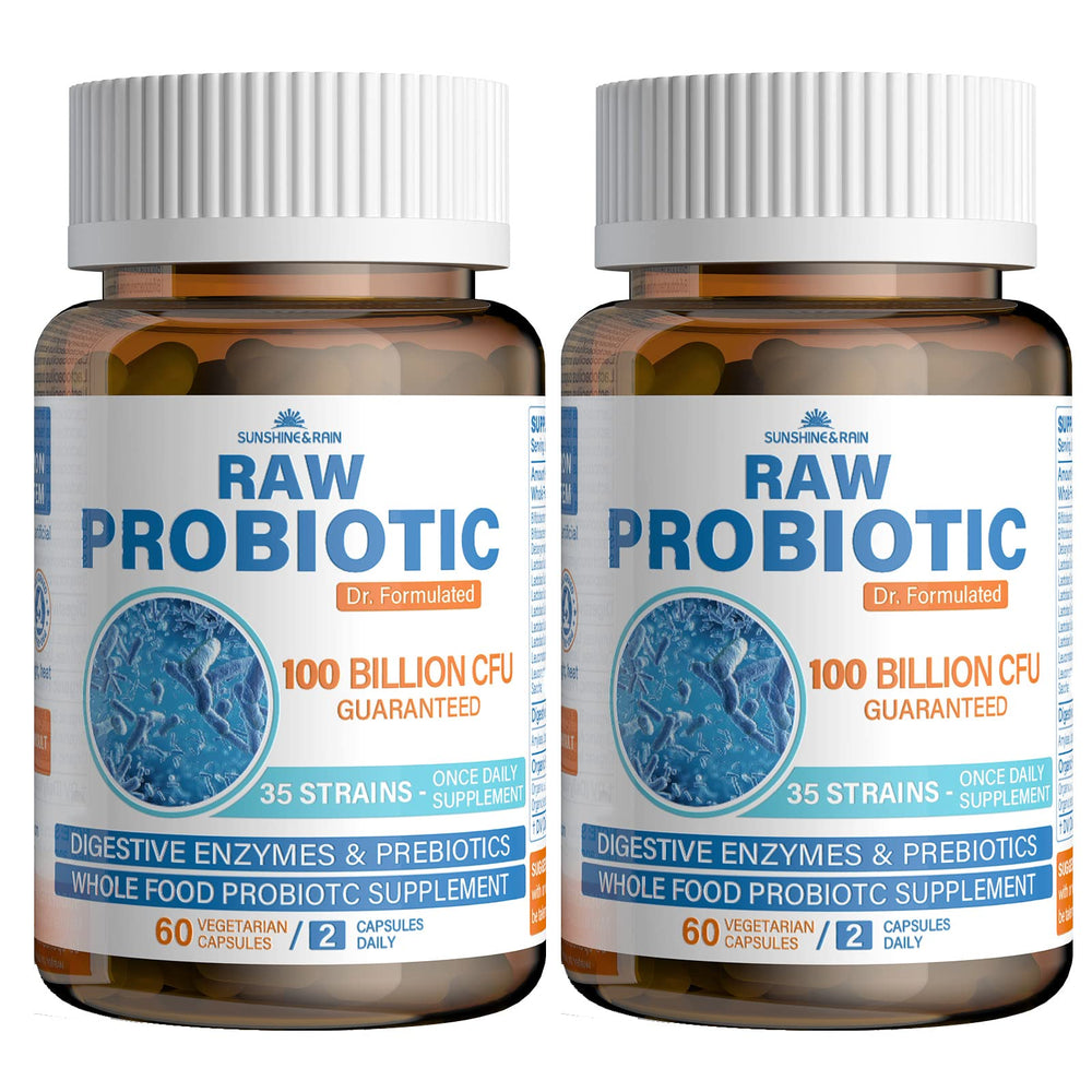 Sunshine & Rain Raw Probiotics bottle front view supports daily digestion
