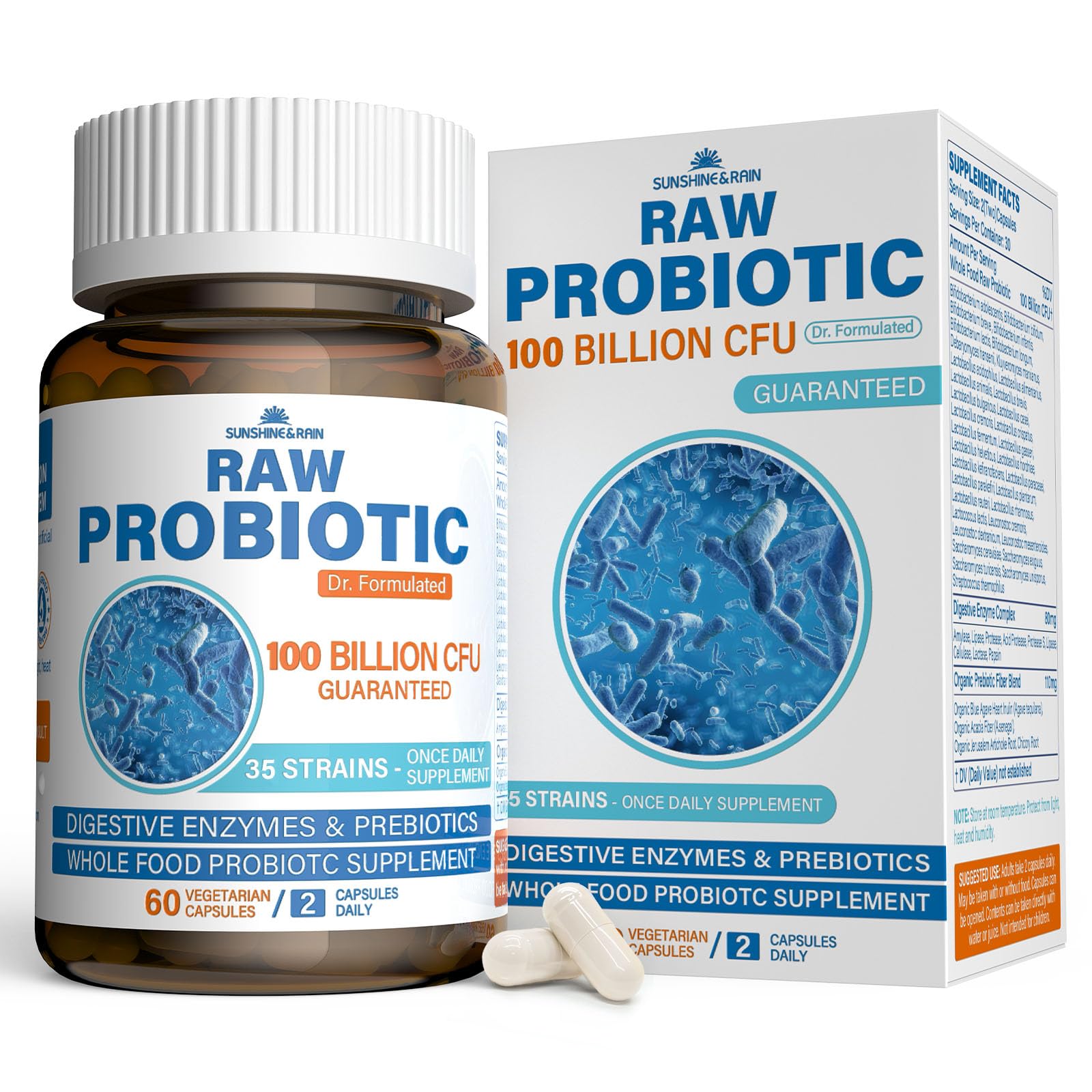 Sunshine & Rain Raw Probiotics ingredients panel highlights enzymes and prebiotics