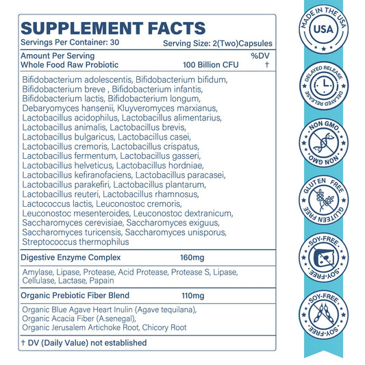 Sunshine & Rain Raw Probiotics label close-up highlights 35 strains for gut balance