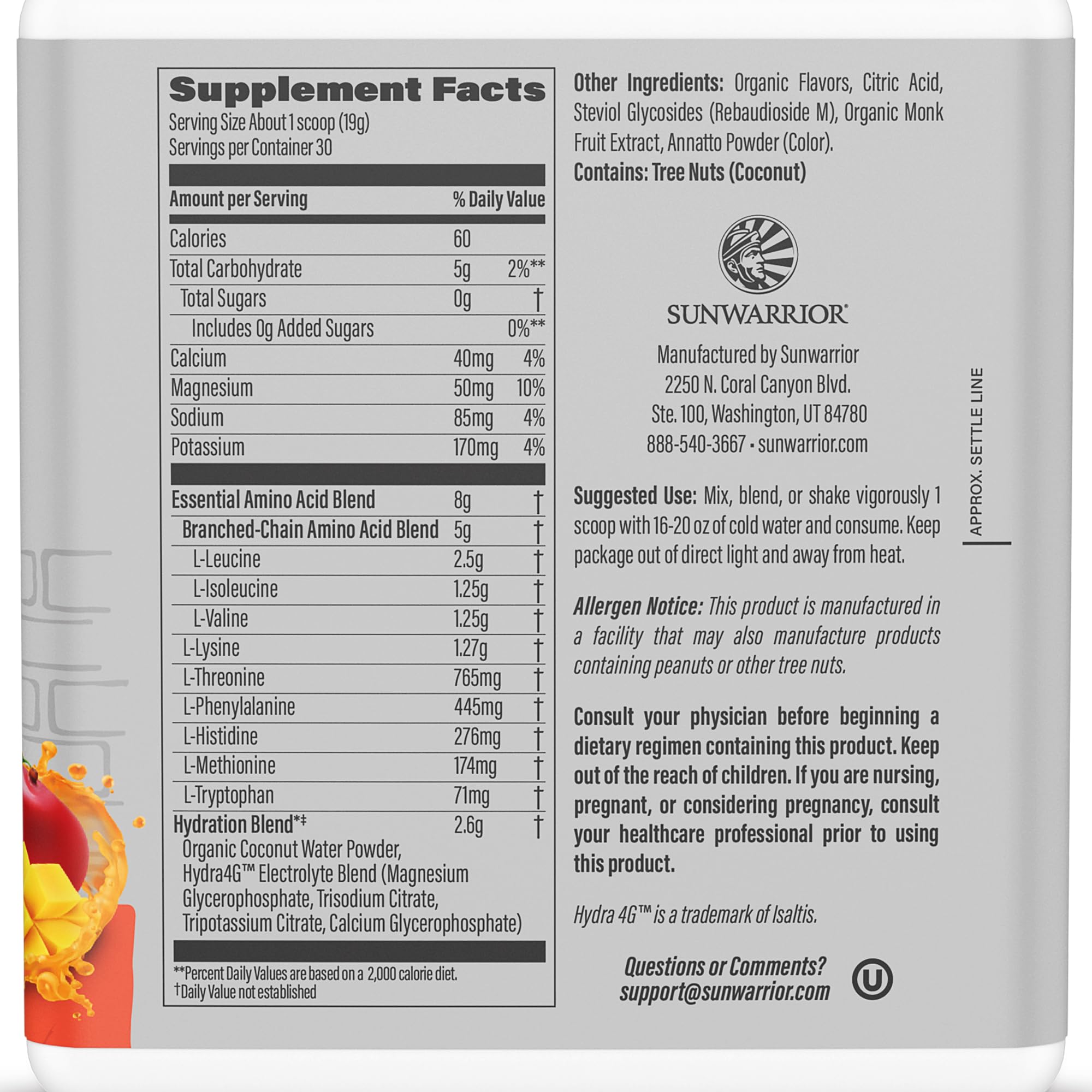 Sunwarrior Active Amino shake glass highlights mango flavor and hydration