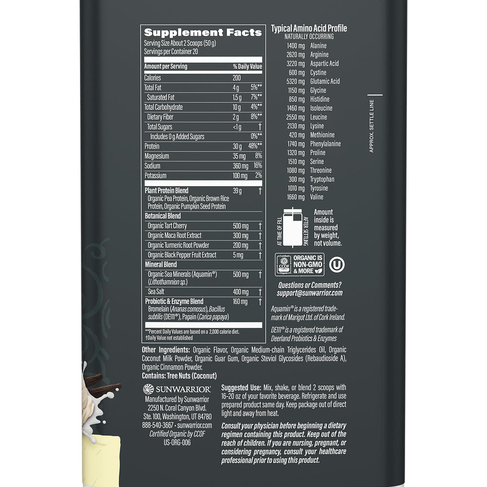 Sunwarrior active blend recovery proteins bottle showing probiotics and minerals for gut-friendly nutrition.