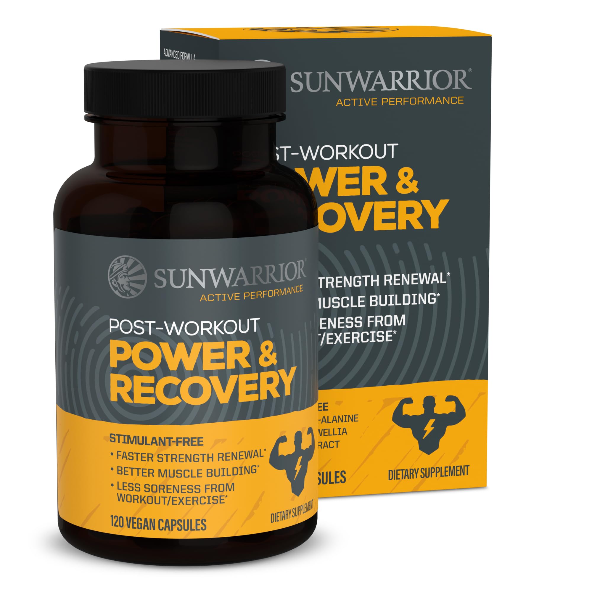 Sunwarrior Active Recovery Caps bottle on a clean surface for post-workout support.
