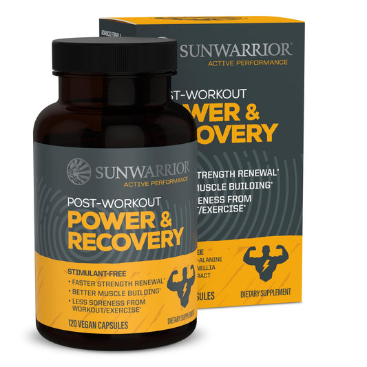 Sunwarrior Active Recovery Caps bottle on a clean surface for post-workout support.