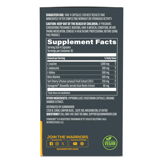 Close-up of Sunwarrior Active capsules showing an easy-to-swallow post-workout option.