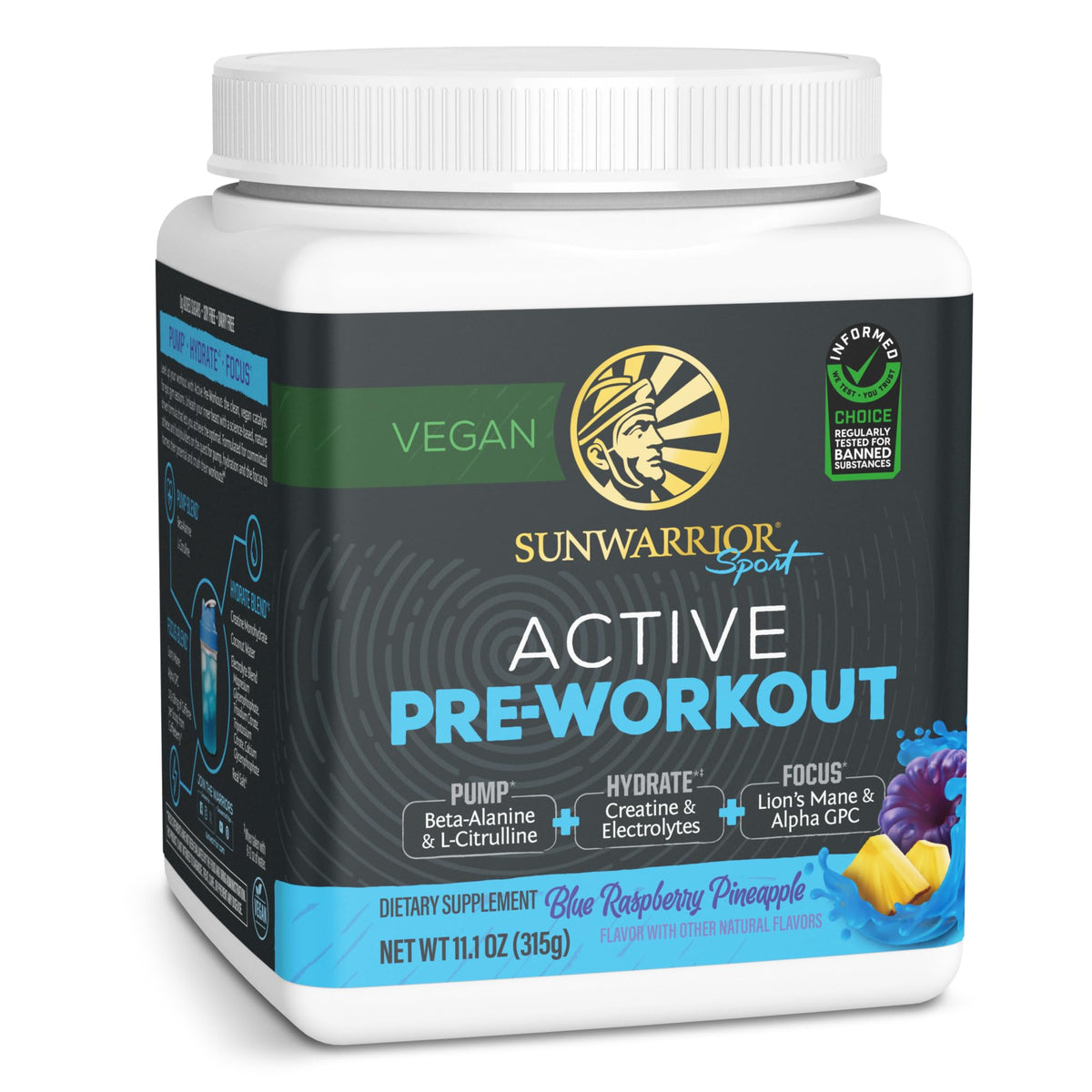 Sunwarrior Active Pre-Workout bottle showcasing vegan energy boost.