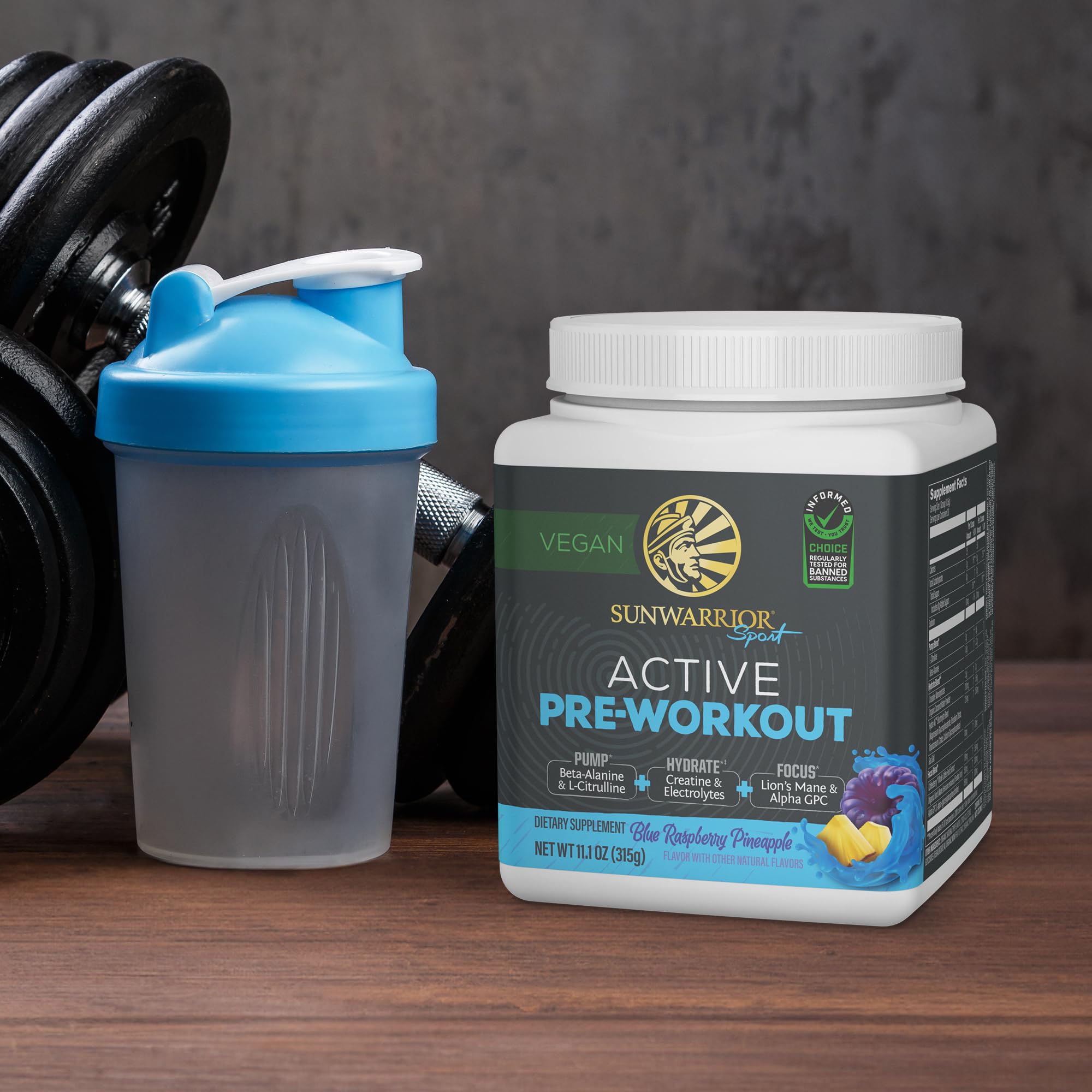 Sunwarrior Active Pre-Workout kitchen scene suggesting ready-to-use pre-workout routine.