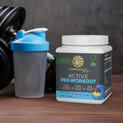 Sunwarrior Active Pre-Workout kitchen scene suggesting ready-to-use pre-workout routine.