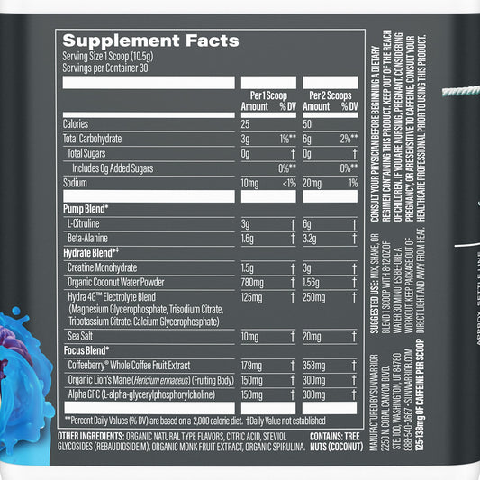 Sunwarrior Active Pre-Workout scoop beside powder for quick fueling.