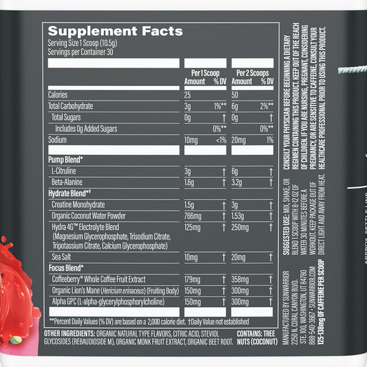 Sunwarrior Active Pre Workout pump blend illustration highlighting muscular support.