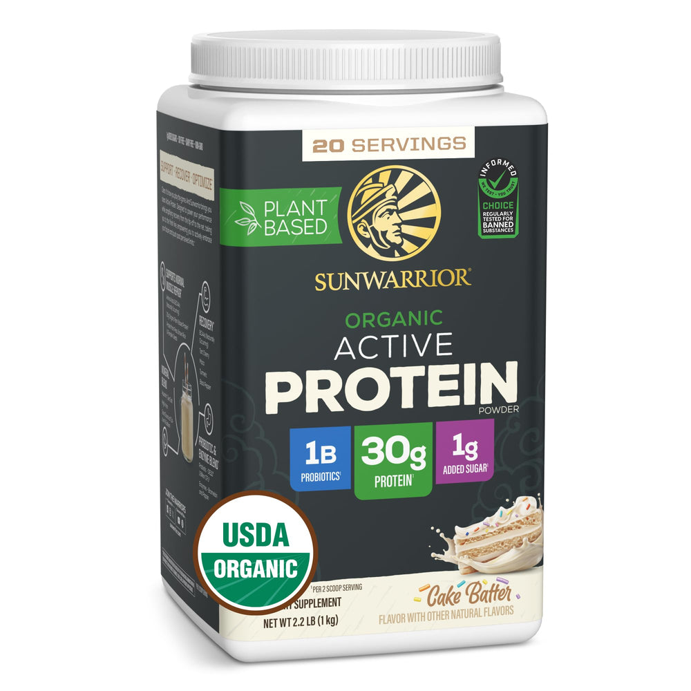Sunwarrior cake-batter organic protein powder jar showcas ing plant-based fueling for daily workouts.