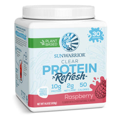 Sunwarrior Clear Raspberry protein in a glass, a refreshing hydration boost.