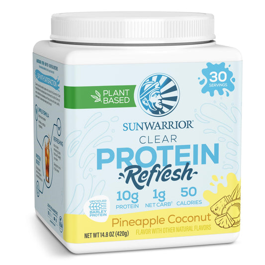 Sunwarrior Clear Protein Refresh tub label emphasizes a light, refreshing protein option.