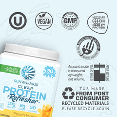 Shaker with Sunwarrior Clear Protein and a glass of prepared drink ready to hydrate