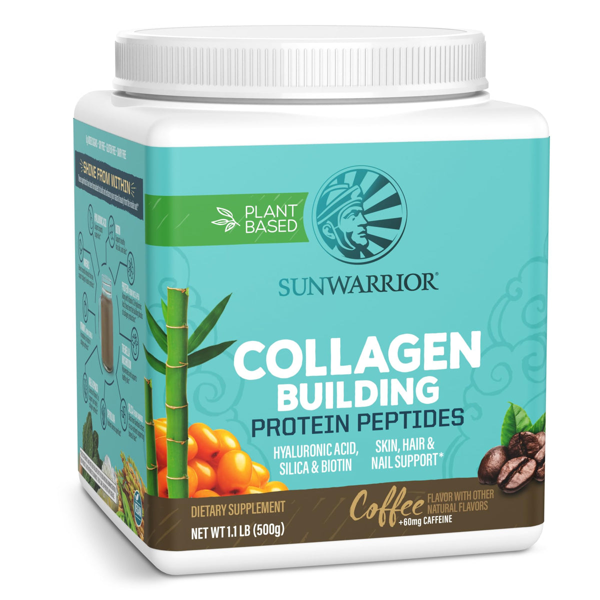 Sunwarrior vegan collagen coffee bottle showing skin-friendly routine with plant-based formula