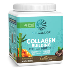 Sunwarrior vegan collagen coffee bottle showing skin-friendly routine with plant-based formula