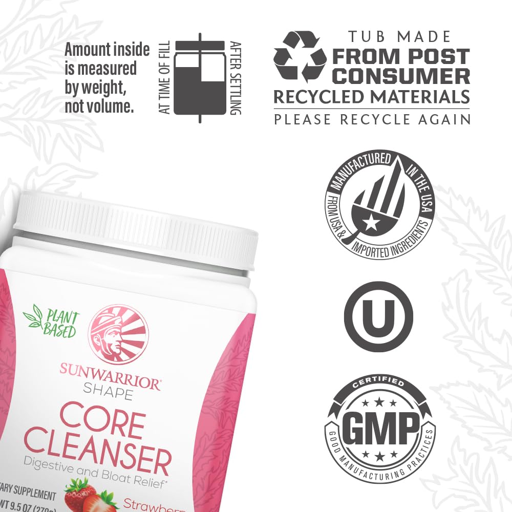 Sunwarrior Core Cleanser bottle close-up, supports digestive comfort with probiotic enzymes.