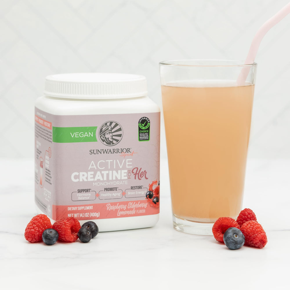 Sunwarrior Creatine for Women vegan label emphasizes a plant-based creatine option