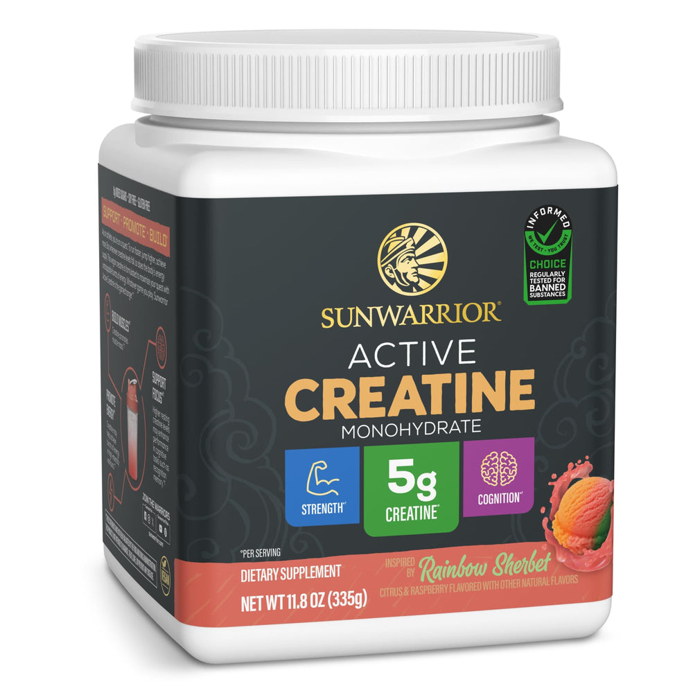 Sunwarrior Creatine Monohydrate powder canister ready for workouts and fueling training sessions
