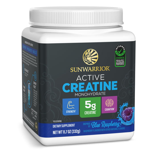 Sunwarrior Creatine Monohydrate container highlights vegan formula for clean workouts.