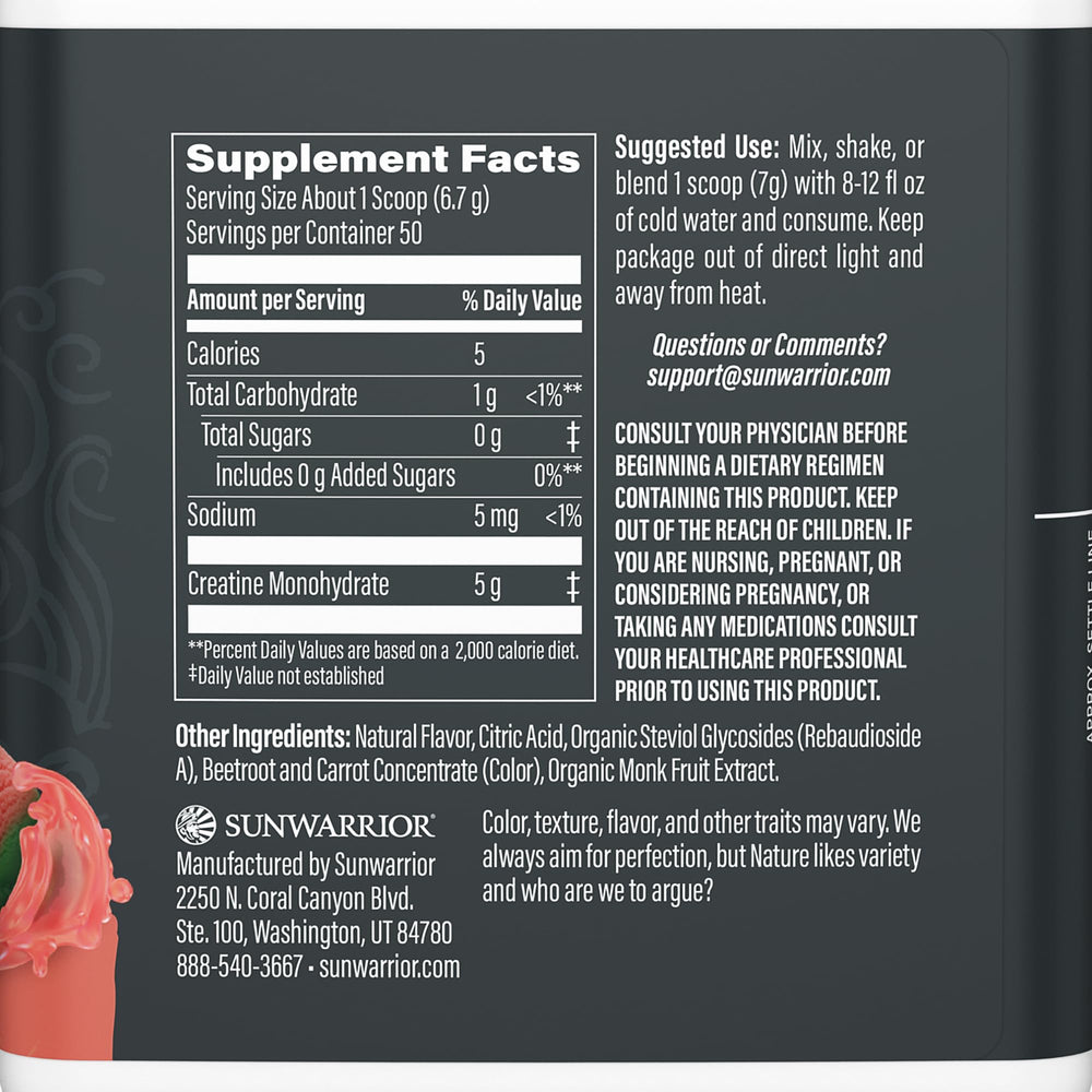 Scoop of Sunwarrior Creatine Monohydrate powder for precise pre or post workout use