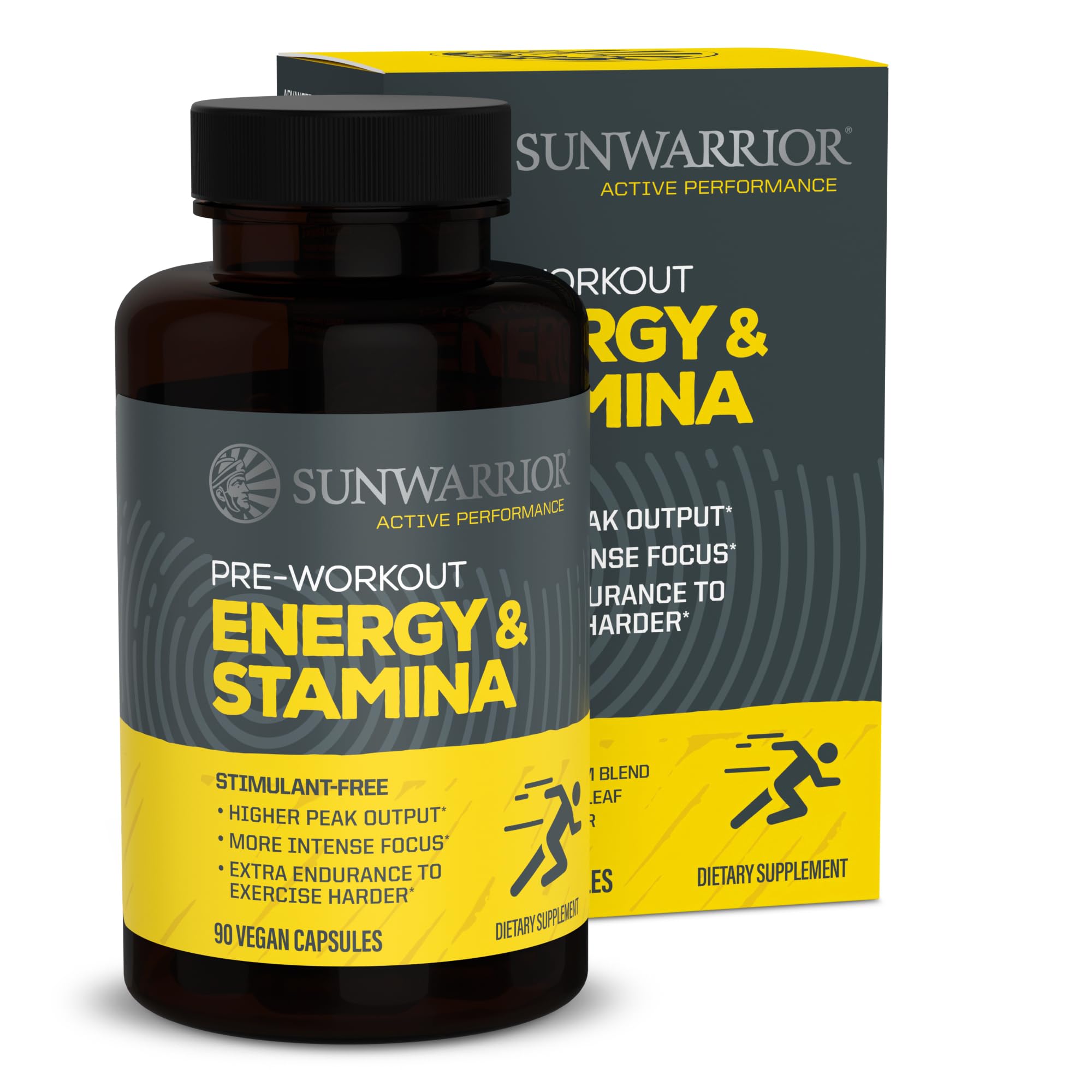 Sunwarrior Energy Capsules bottle showing vegan packaging and premium design for daily stamina.