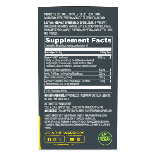 Sunwarrior energy capsules with mushrooms highlighting natural adaptogens for endurance.