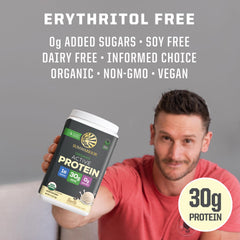 Sunwarrior gluten-free dairy-free badge on packaging signals allergen-safe protein.