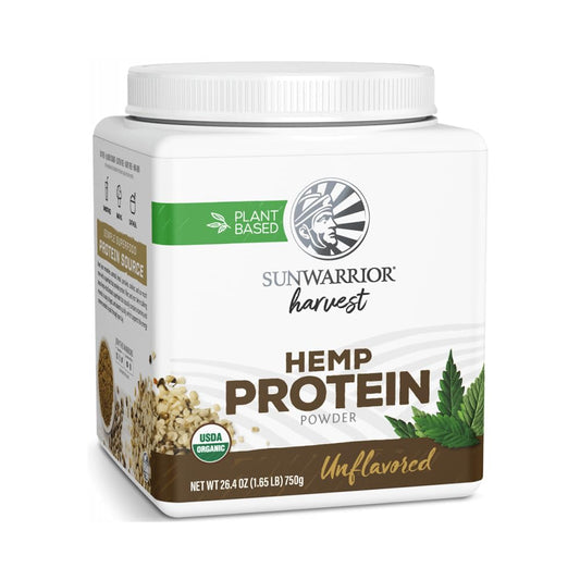 Sunwarrior hemp protein US pantry bottle, smooth plant-based protein for shakes.