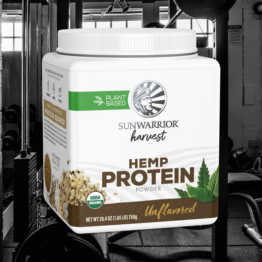 Sunwarrior hemp protein US pantry scoop, convenient powder for quick smoothies.