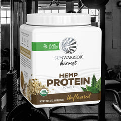 Sunwarrior hemp protein US pantry scoop, convenient powder for quick smoothies.