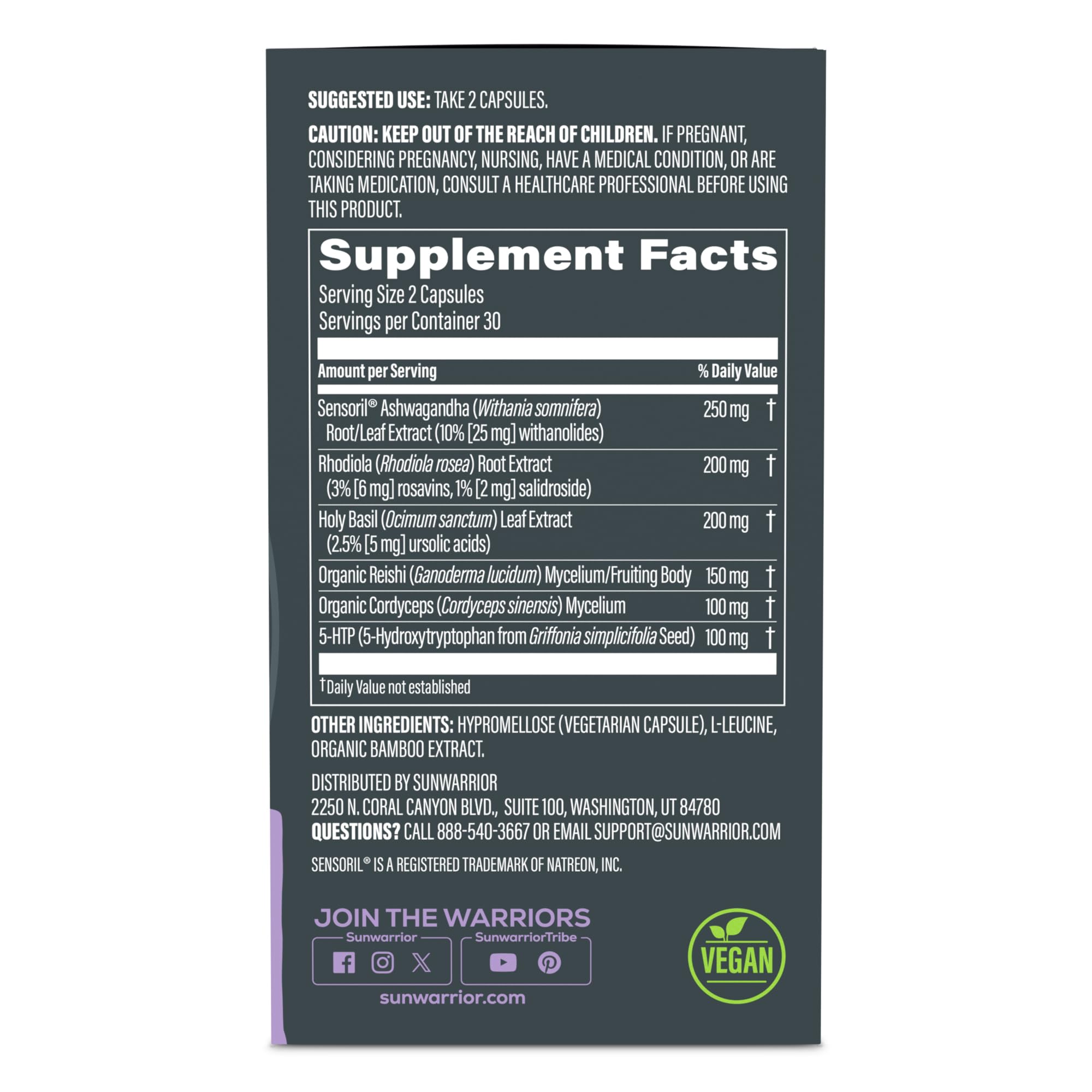 Sunwarrior label closeup highlighting caffeine-free focus benefits.