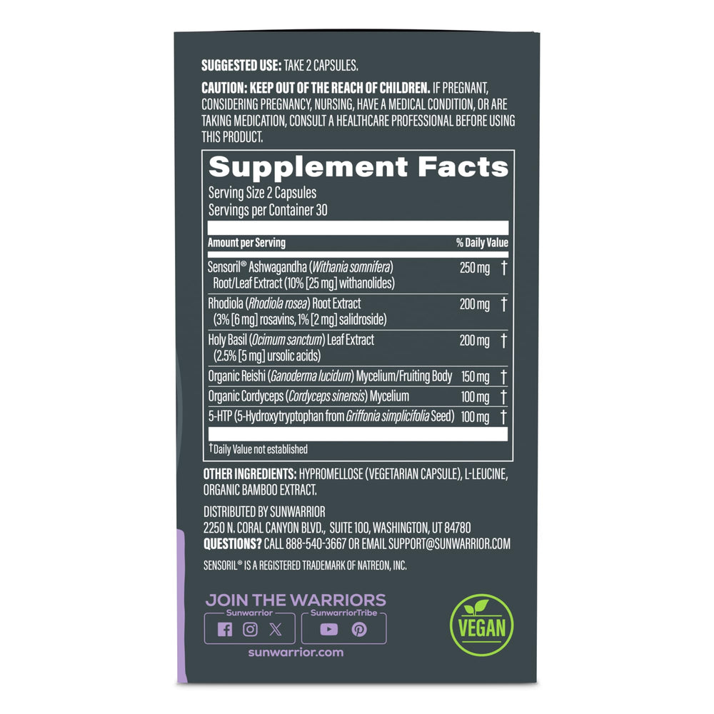 Sunwarrior label closeup highlighting caffeine-free focus benefits.