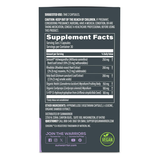 Sunwarrior label closeup highlighting caffeine-free focus benefits.
