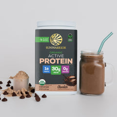 Sunwarrior label highlights probiotics and digestive enzymes for gut-friendly protein.