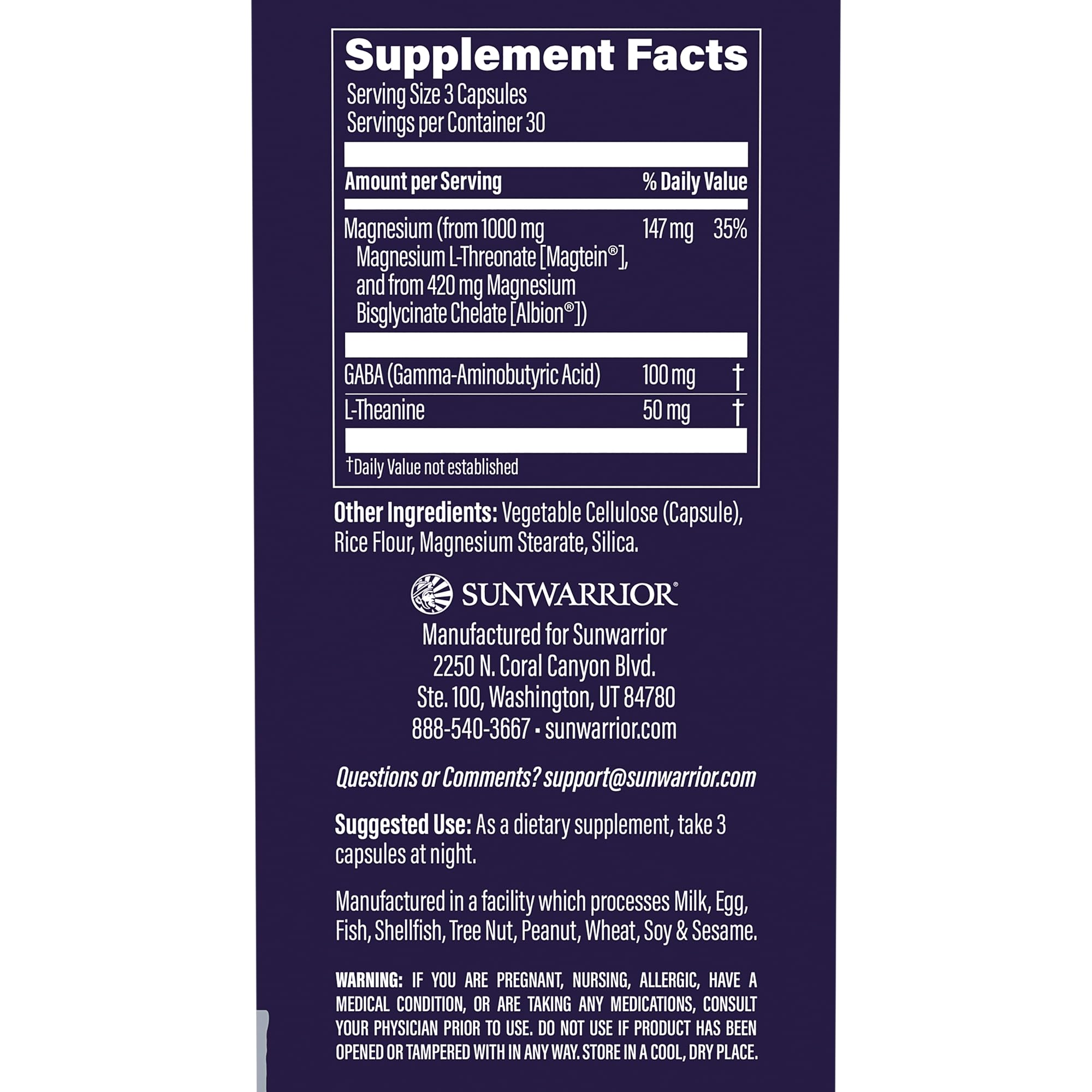 Sunwarrior capsules ingredients panel showing magnesium and theanine for relaxed focus.