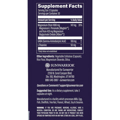 Sunwarrior capsules ingredients panel showing magnesium and theanine for relaxed focus.